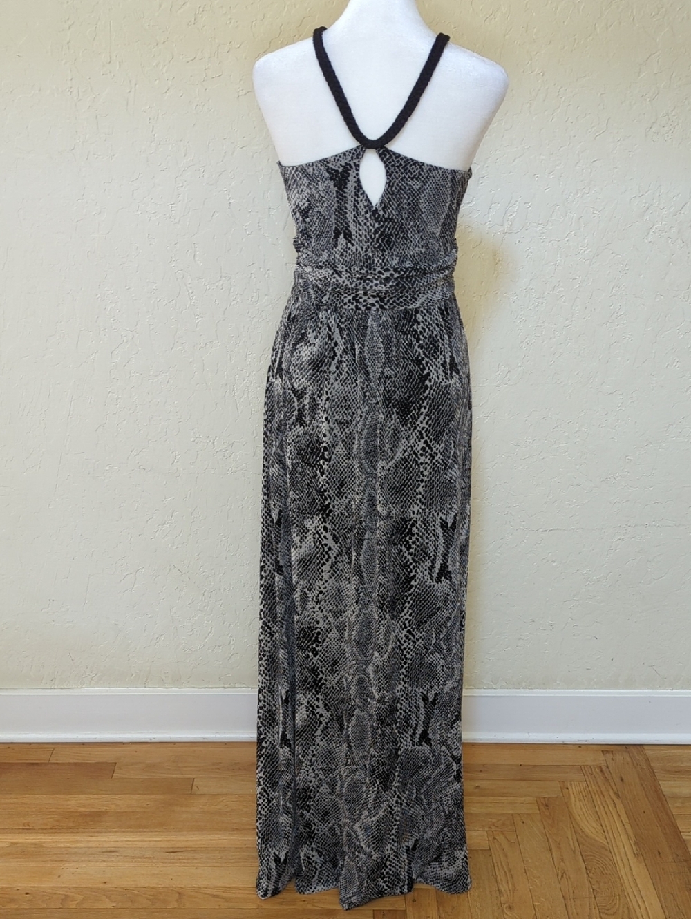Express Y2K Black & Gray Python Print Halter Maxi Dress Size Small - Picture 4 of 10